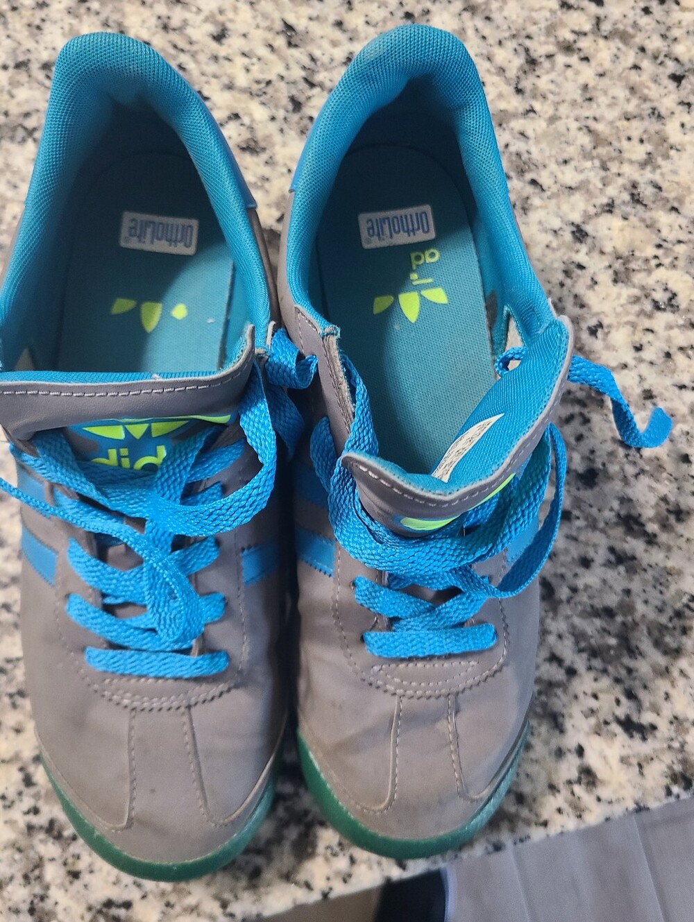 adidas Gray Sneakers with Bright Blue Laces and Green Toe Caps - Picture 2 of 5